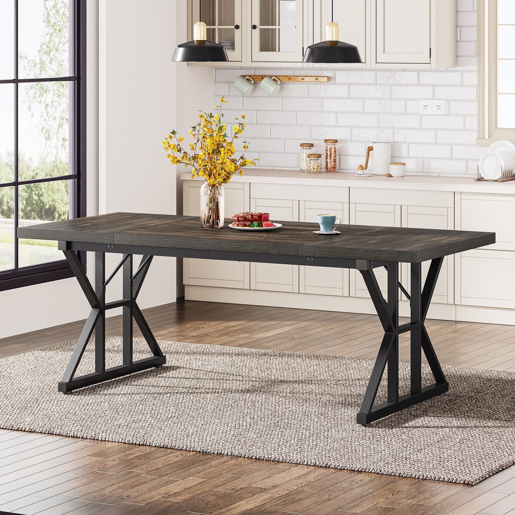 Table à manger de ferme pour 6 personnes, table de cuisine rectangulaire en bois de 70,8 pouces