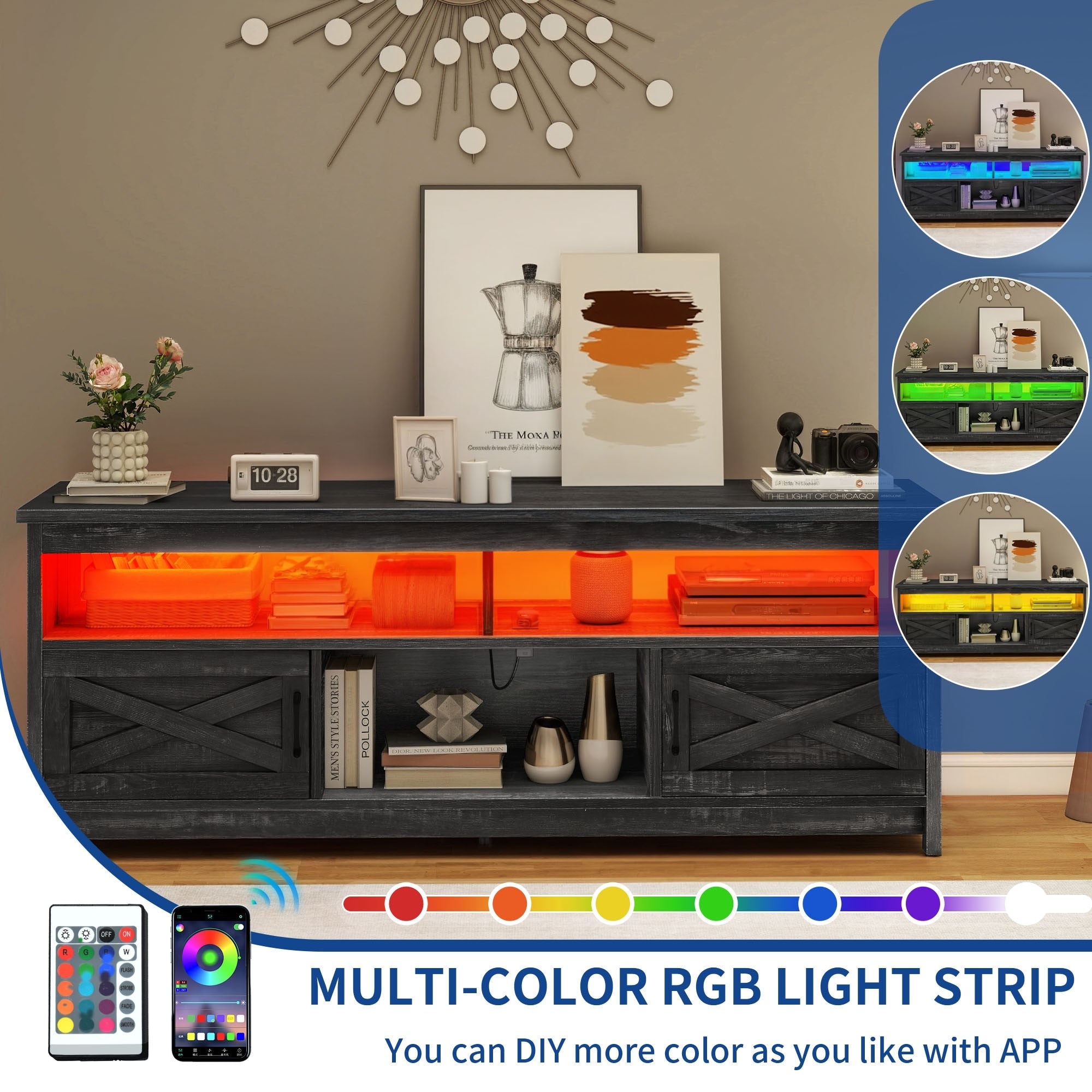 Meuble TV Farmhouse pouvant accueillir jusqu'à 65 téléviseurs avec portes et étagères ouvertes Console multimédia Prise de courant