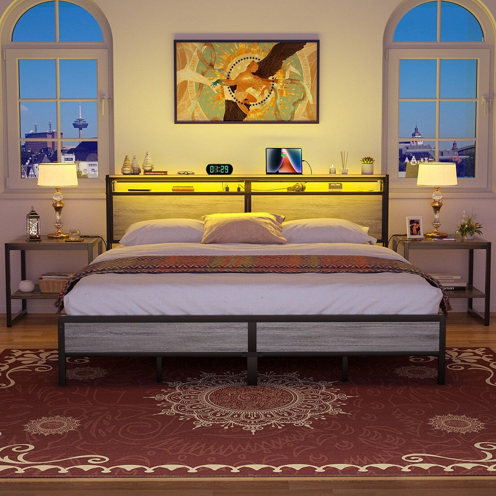 Cadre de lit plateforme en bois de style ferme avec station de charge et lumières LED