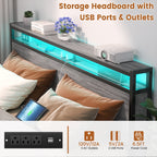 Cadre de lit plateforme en bois de style ferme avec station de charge et lumières LED