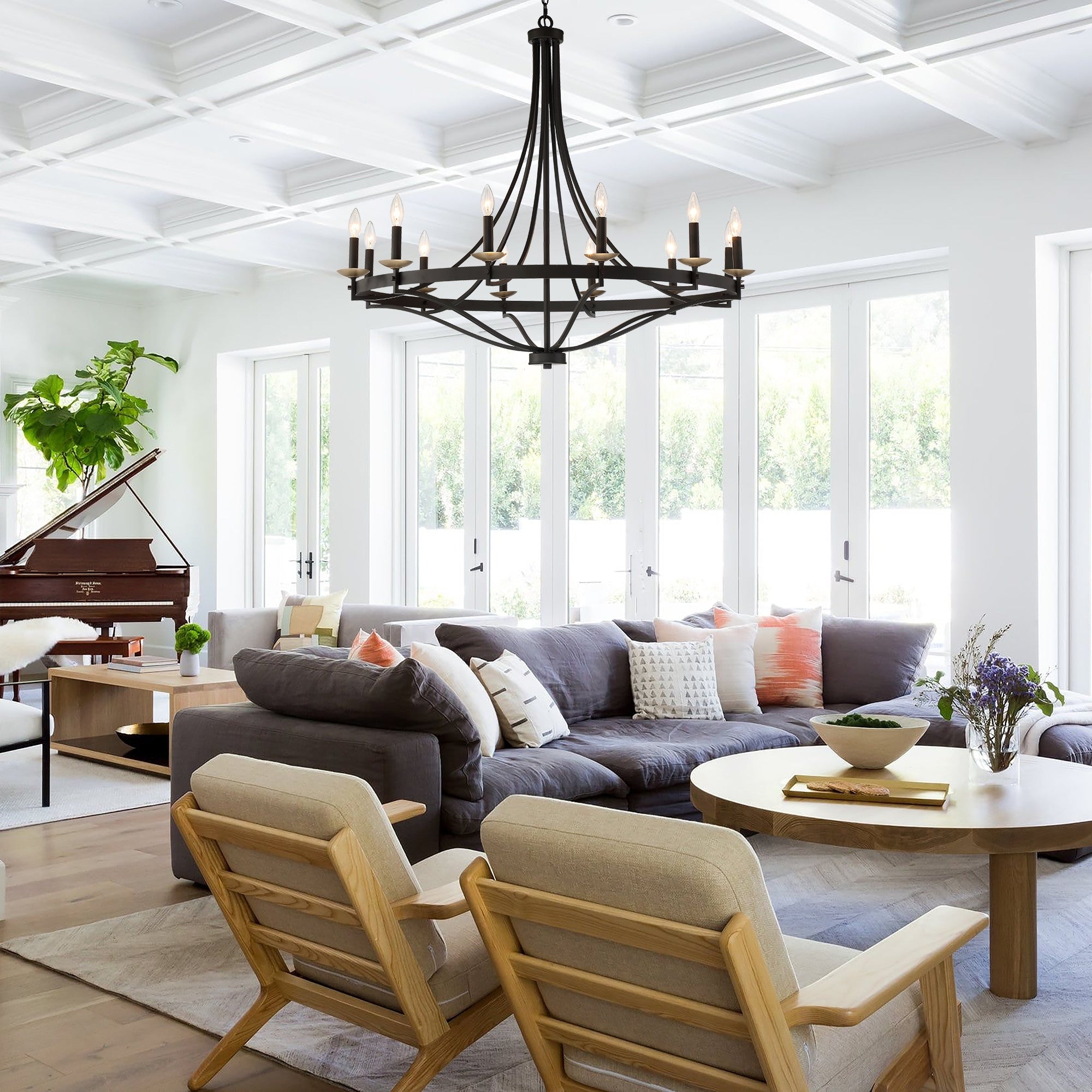 Lustre Empire à 12 lumières de style ferme moderne Fidenza avec roue de chariot et UL - D40'' * H135''