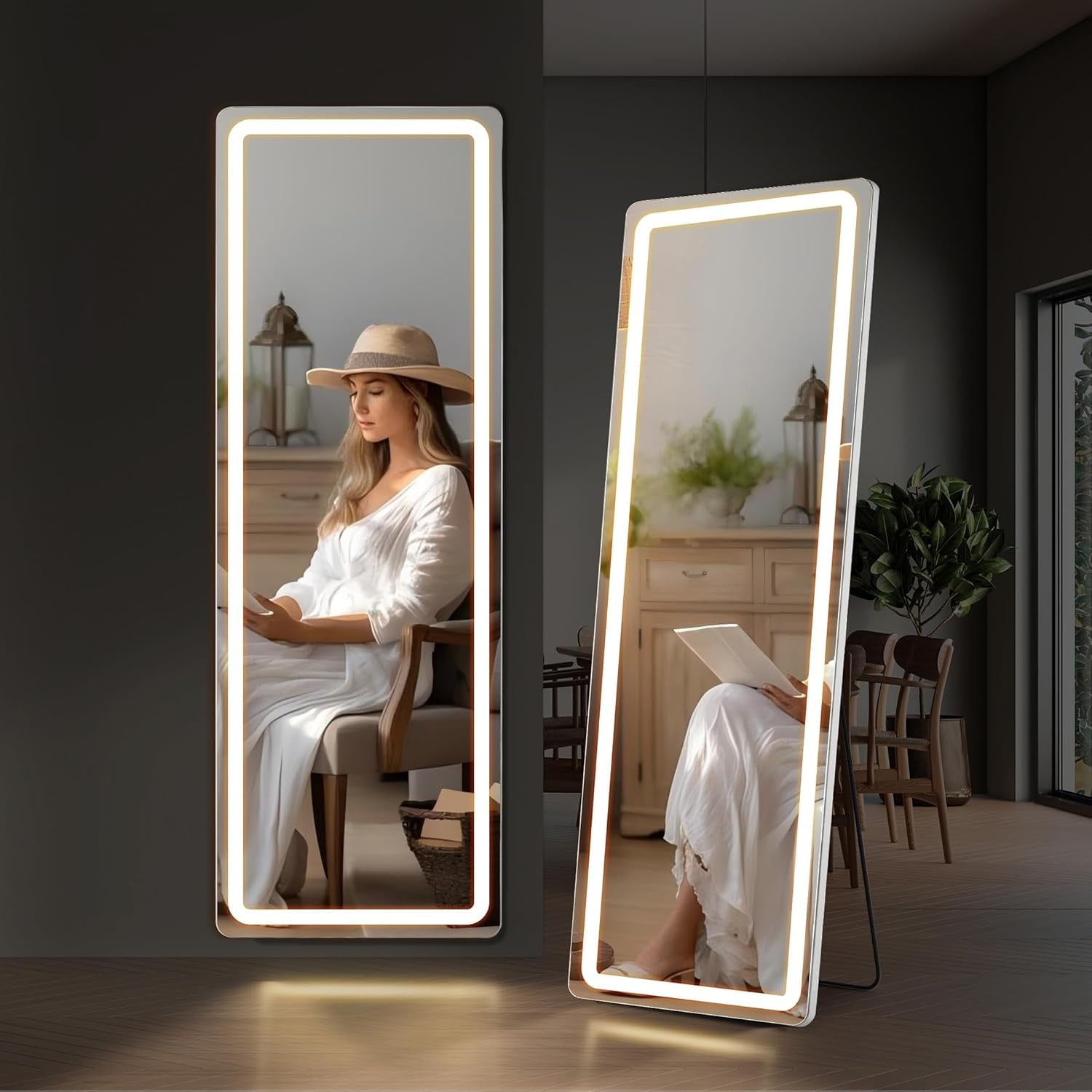 Miroir de sol avec éclairage LED, miroir pleine longueur 64 x 21 avec support, miroir suspendu, miroir mural, miroir intégral