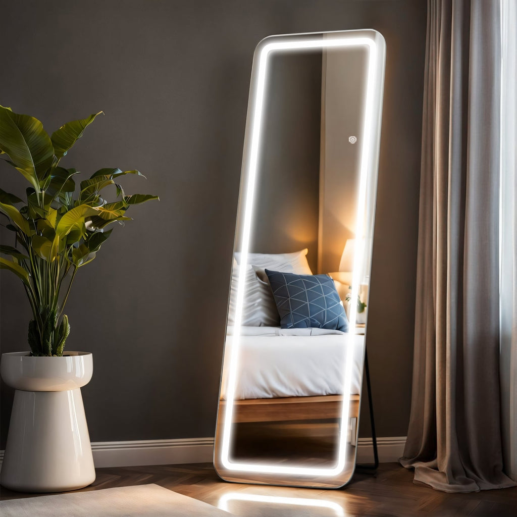 Miroir de sol avec éclairage LED, miroir pleine longueur 64 x 21 avec support, miroir suspendu, miroir mural, miroir intégral