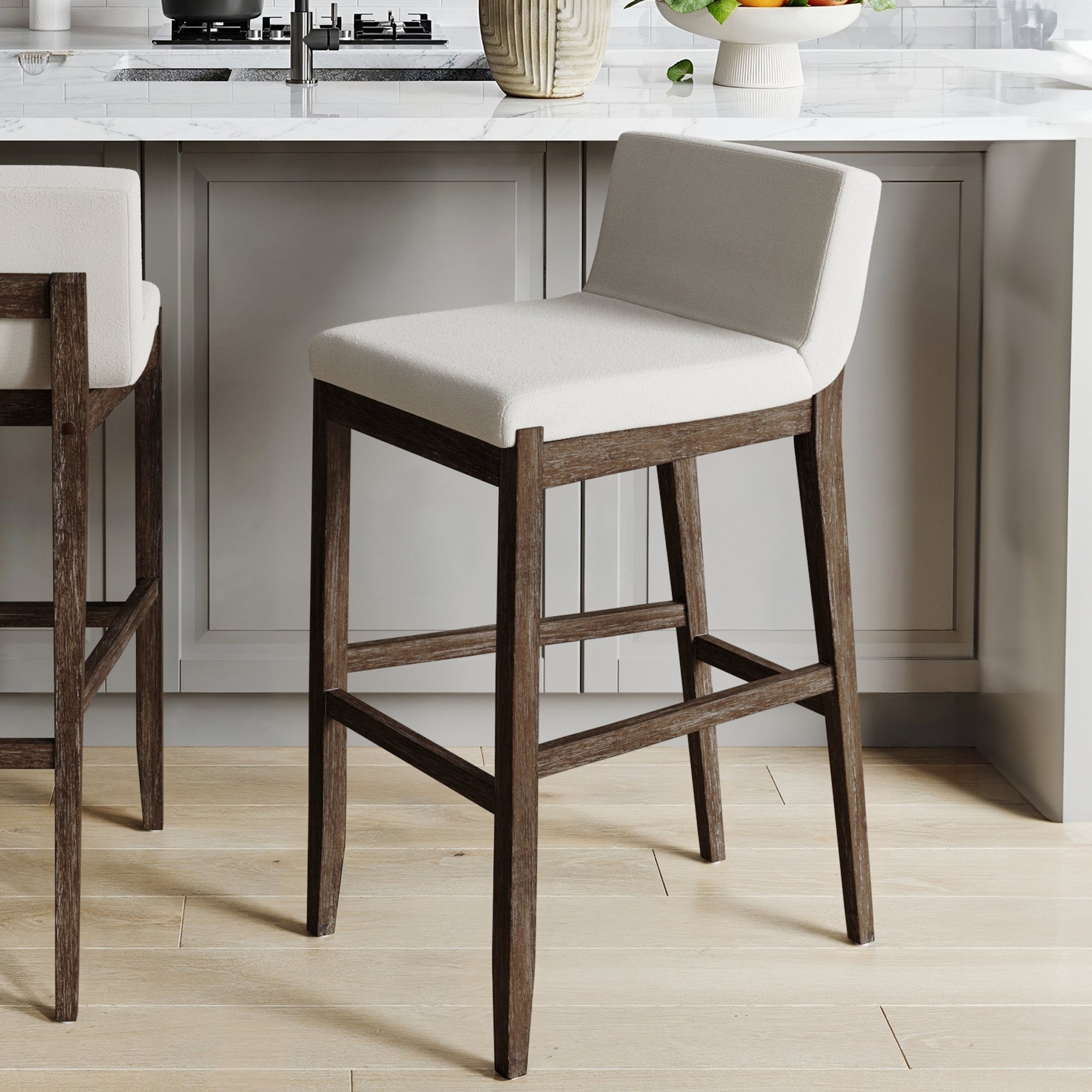 Tabouret de bar moderne Gracie, chaise rembourrée en boucle et pieds en bois brossé