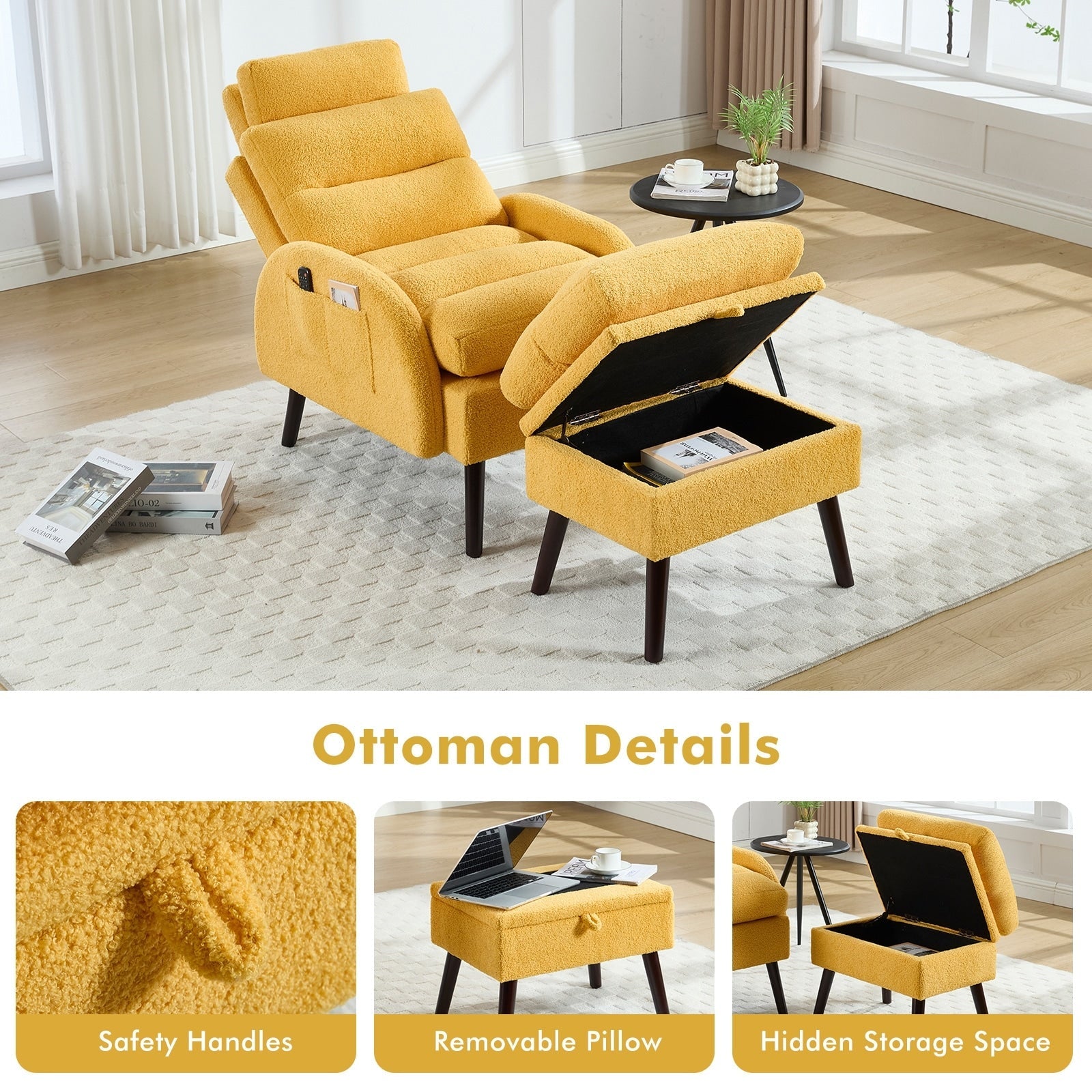 Fauteuil d'appoint HOMYKA avec dossier réglable et pouf de rangement