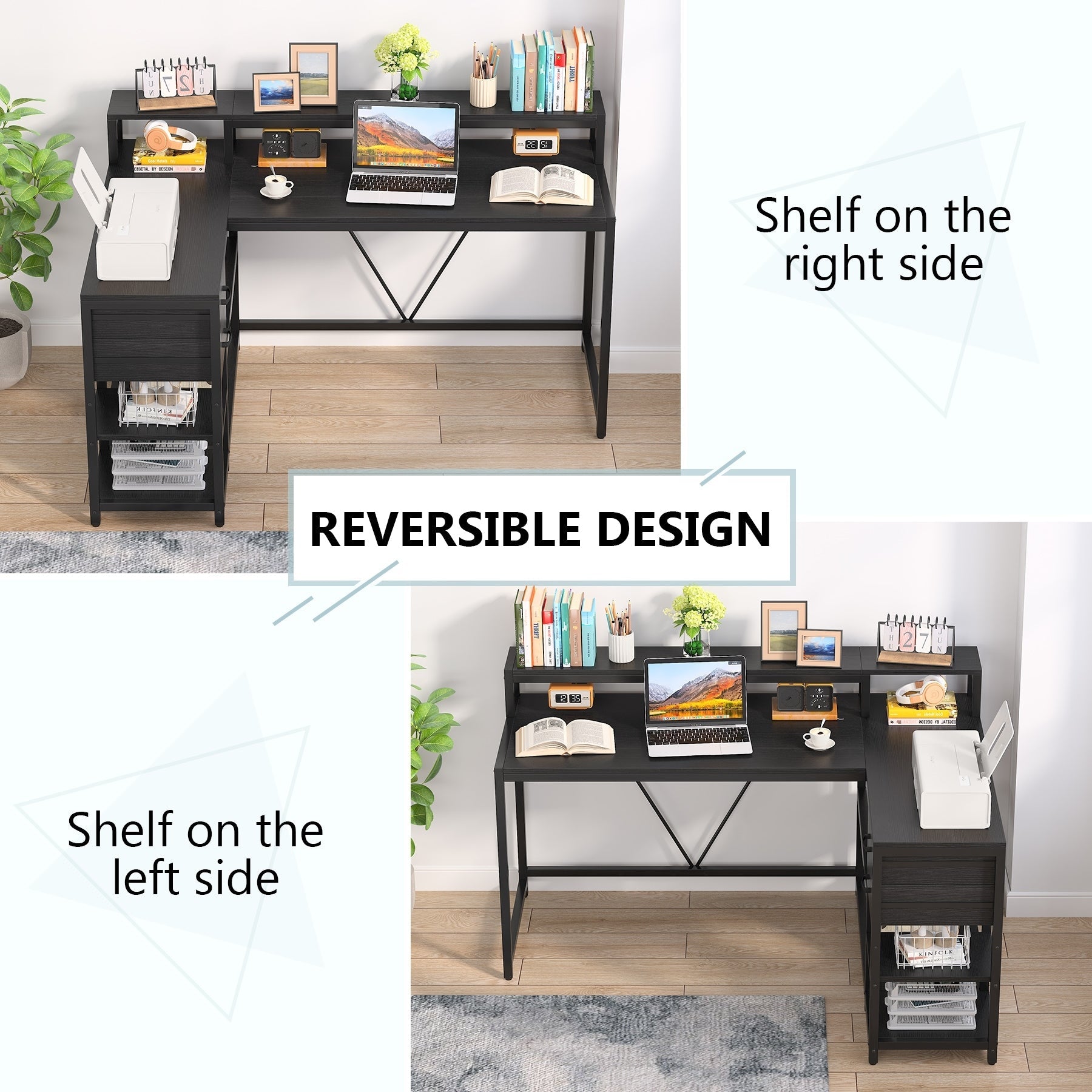 Bureau en L avec tiroir, bureau d'angle avec étagères de rangement et support d'écran, bureau PC rustique pour petits espaces