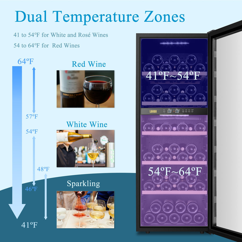 Réfrigérateur à vin autonome Lanbo 20 pouces, 64 bouteilles, double zone, porte vitrée avec garniture en acier inoxydable et deux serrures de sécurité.