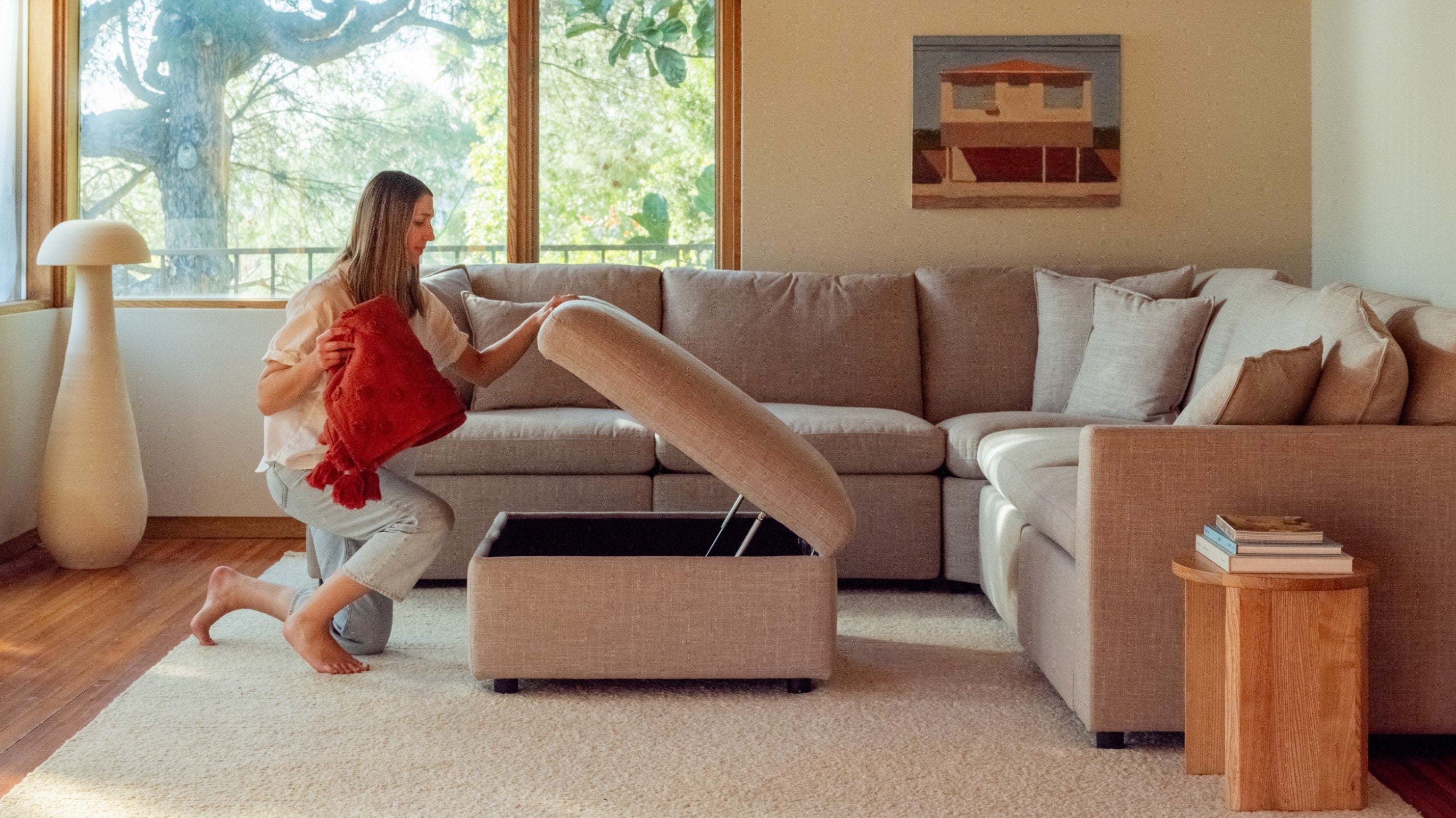 Pouf de rangement amovible, couleur galet clair