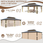 Gazebo à toit rigide EROMMY, pergola d'extérieur avec double toit, filet et rideaux, auvent robuste pour patio, arrière-cour, fête au bord de la piscine