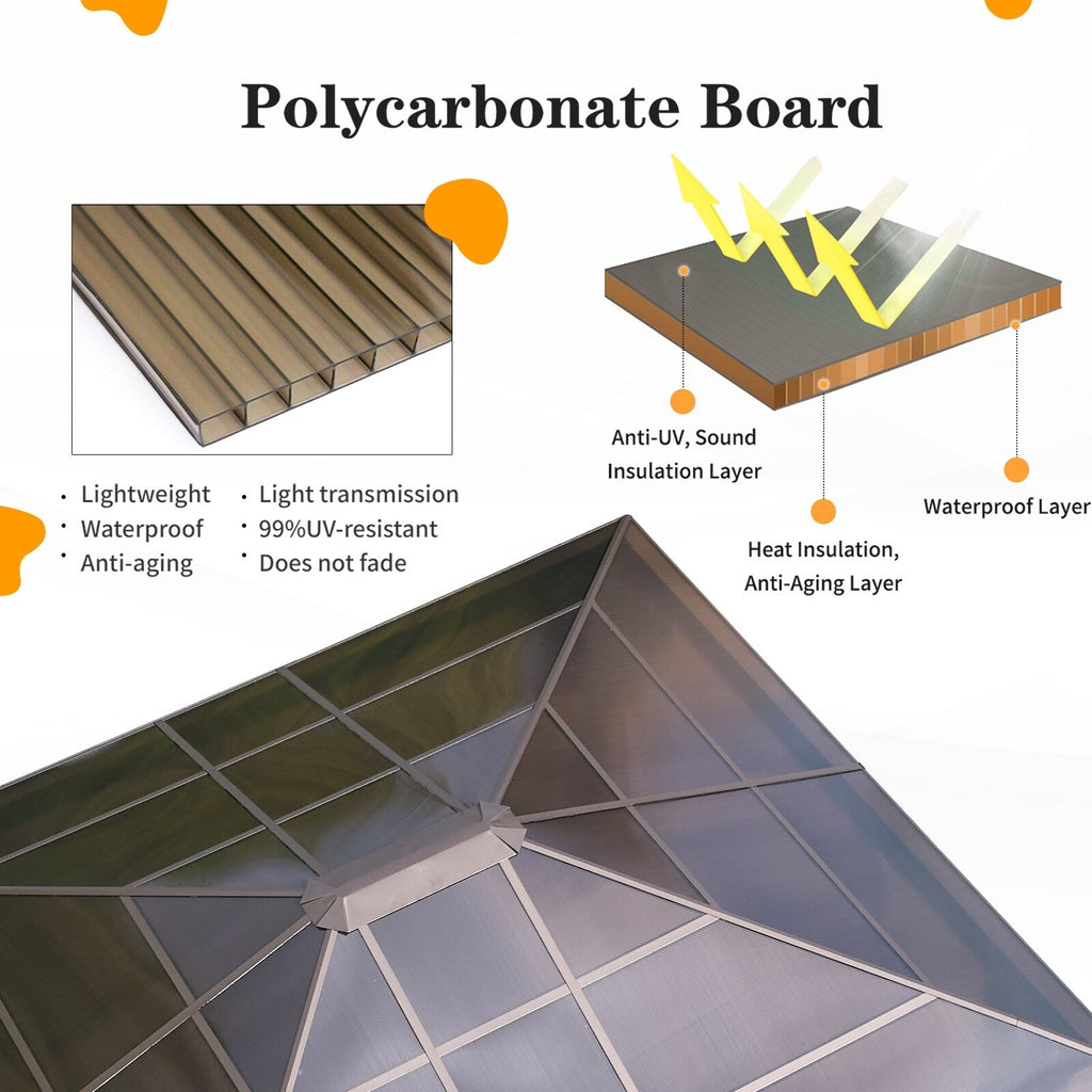 Gazebo à toit rigide EROMMY, pergola d'extérieur avec double toit, filet et rideaux, auvent robuste pour patio, arrière-cour, fête au bord de la piscine