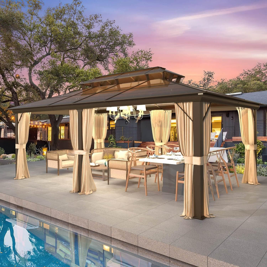 Gazebo à toit rigide EROMMY, pergola d'extérieur avec double toit, filet et rideaux, auvent robuste pour patio, arrière-cour, fête au bord de la piscine