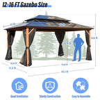 Gazebo à toit rigide EROMMY, pergola d'extérieur avec double toit, filet et rideaux, auvent robuste pour patio, arrière-cour, fête au bord de la piscine