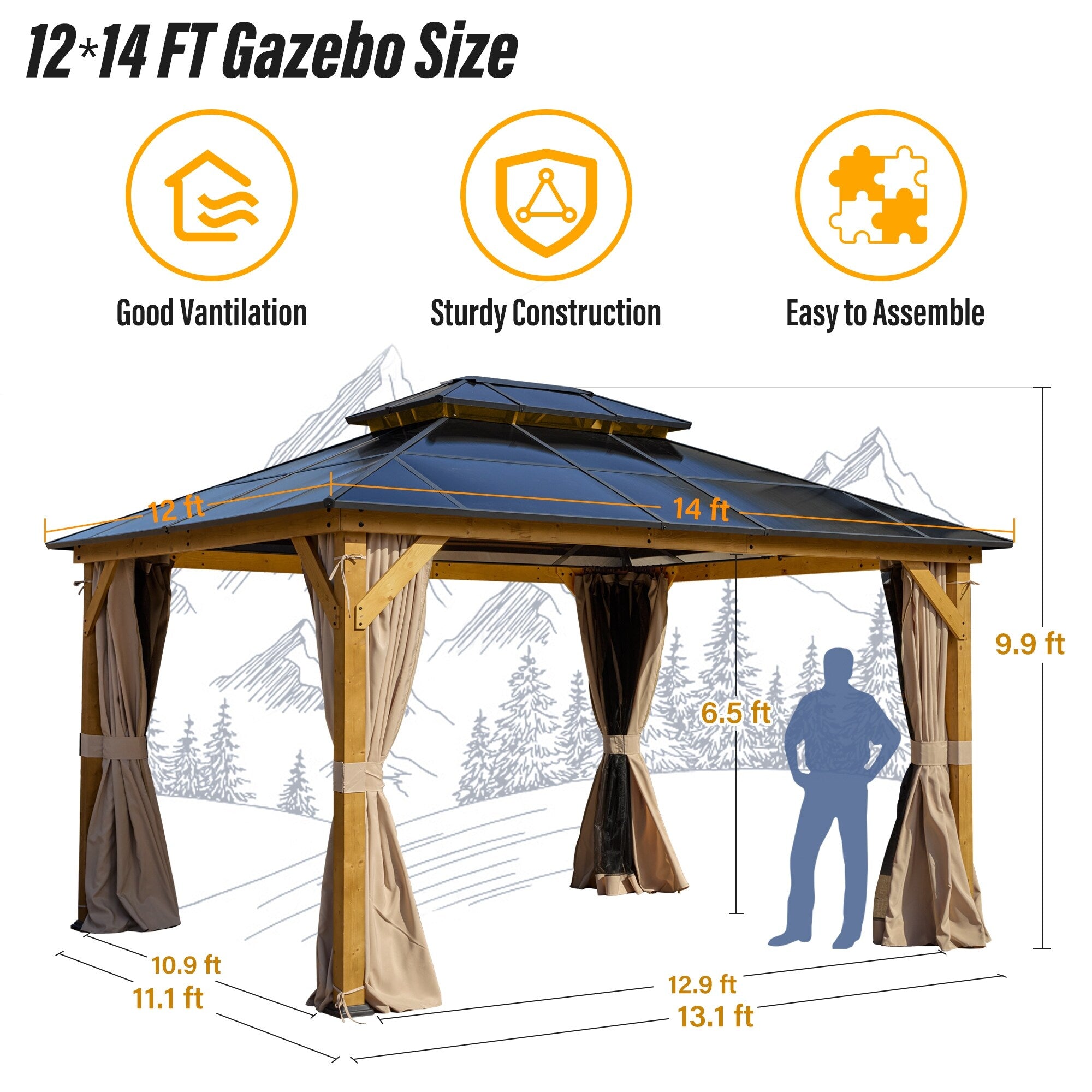 Gazebo à toit rigide EROMMY, pergola d'extérieur avec double toit, filet et rideaux, auvent robuste pour patio, arrière-cour, fête au bord de la piscine