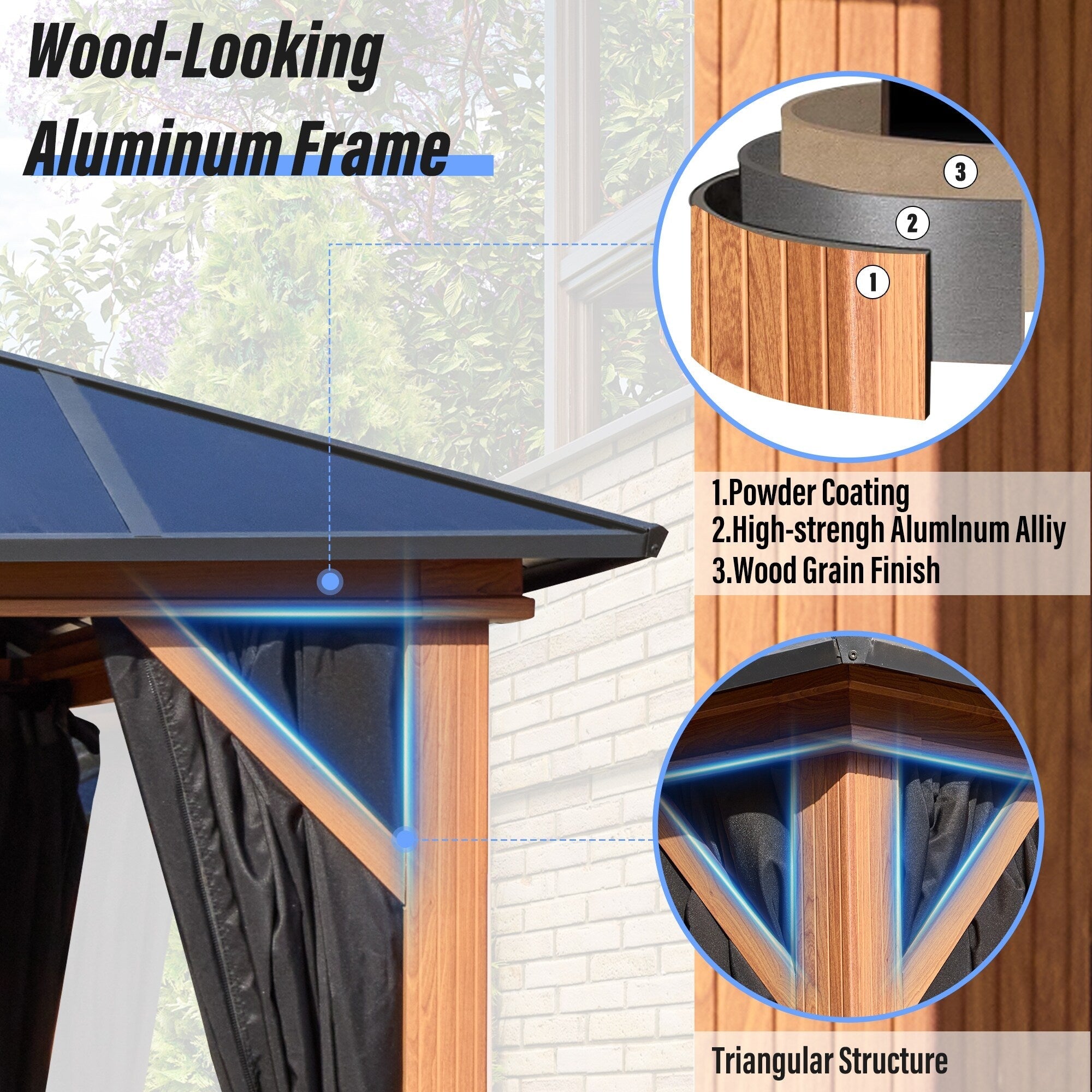 Gazebo à toit rigide EROMMY, pergola d'extérieur avec double toit, filet et rideaux, auvent robuste pour patio, arrière-cour, fête au bord de la piscine