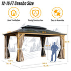 Gazebo à toit rigide EROMMY, pergola d'extérieur avec double toit, filet et rideaux, auvent robuste pour patio, arrière-cour, fête au bord de la piscine