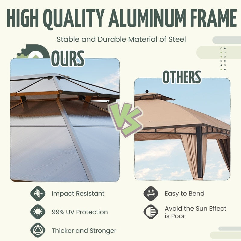 Tonnelle à toit rigide pour jardin – Pergola permanente avec filet, rideaux et double toit, abri extérieur toutes saisons
