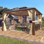 Tonnelle à toit rigide pour jardin – Pergola permanente avec filet, rideaux et double toit, abri extérieur toutes saisons
