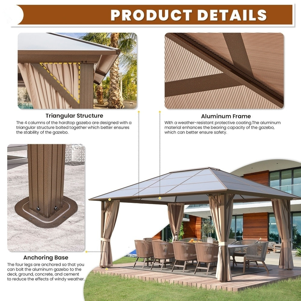 Tonnelle à toit rigide pour jardin – Pergola permanente avec filet, rideaux et double toit, abri extérieur toutes saisons