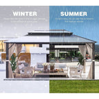 Tonnelle à toit rigide pour jardin – Pergola permanente avec filet, rideaux et double toit, abri extérieur toutes saisons