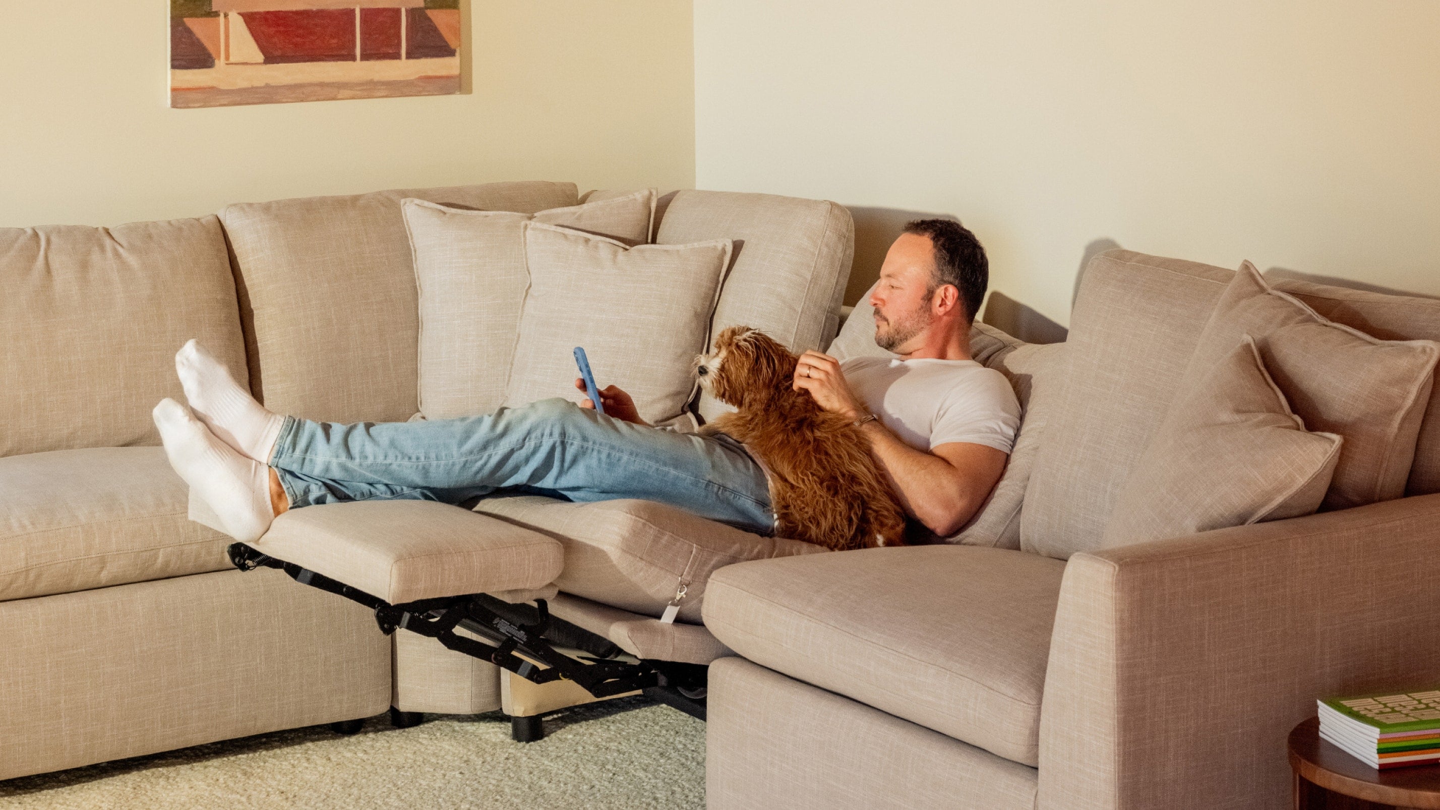 Canapé modulable 2 pièces avec fauteuil inclinable électrique amovible, couleur galet clair