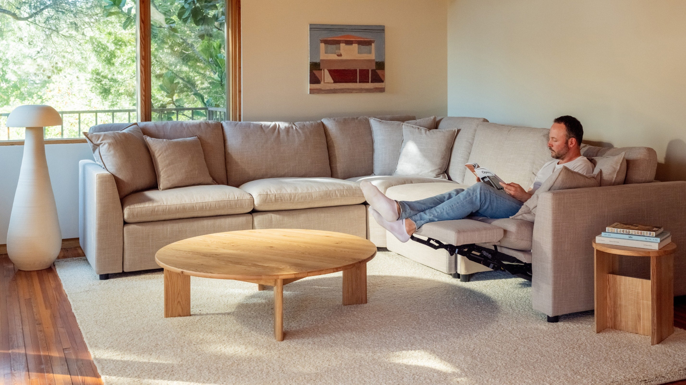 Canapé d'angle modulaire 5 pièces avec fauteuil inclinable électrique amovible, couleur galet clair