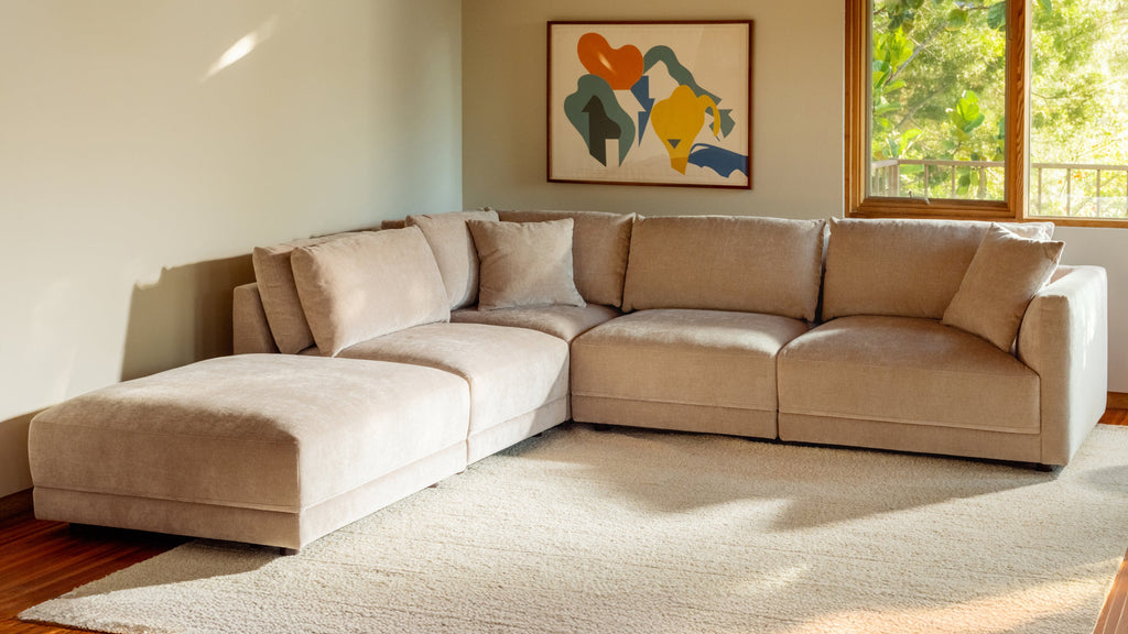 Canapé d'angle modulaire 5 pièces Soft Spot, coloris gauche, couleur noix de cajou