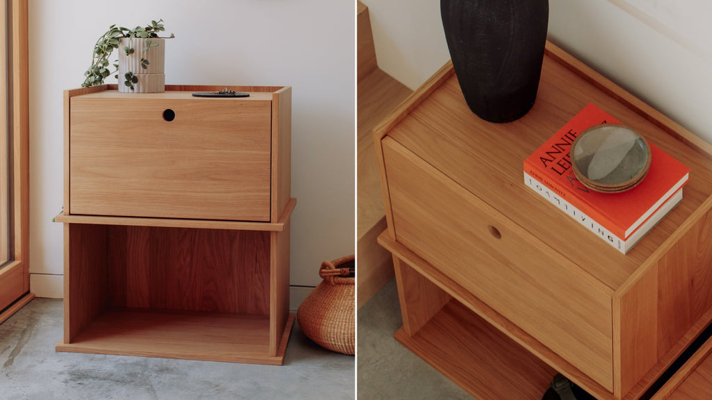 Système de rangement empilable Keep Stacking en 2 pièces, ouvert et fermé, chêne blanc