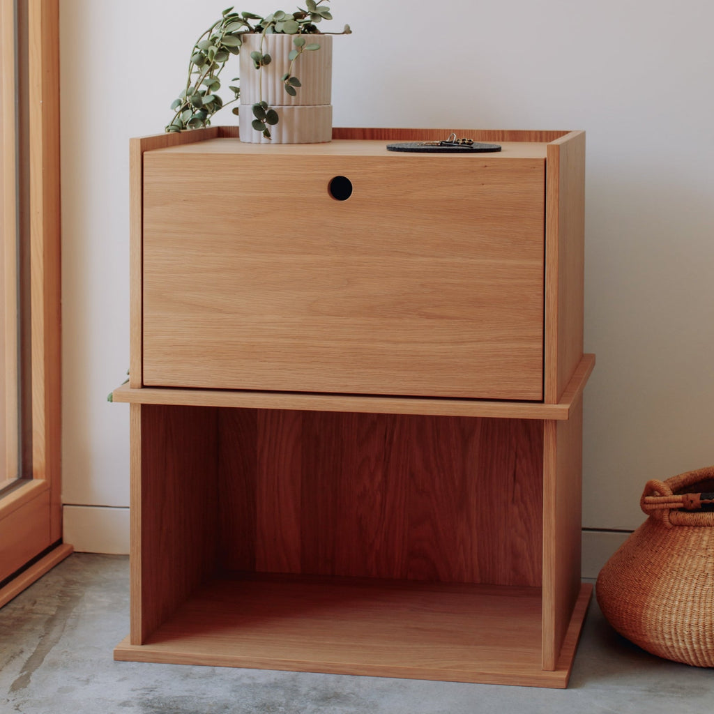 Système de rangement empilable Keep Stacking en 2 pièces, ouvert et fermé, chêne blanc