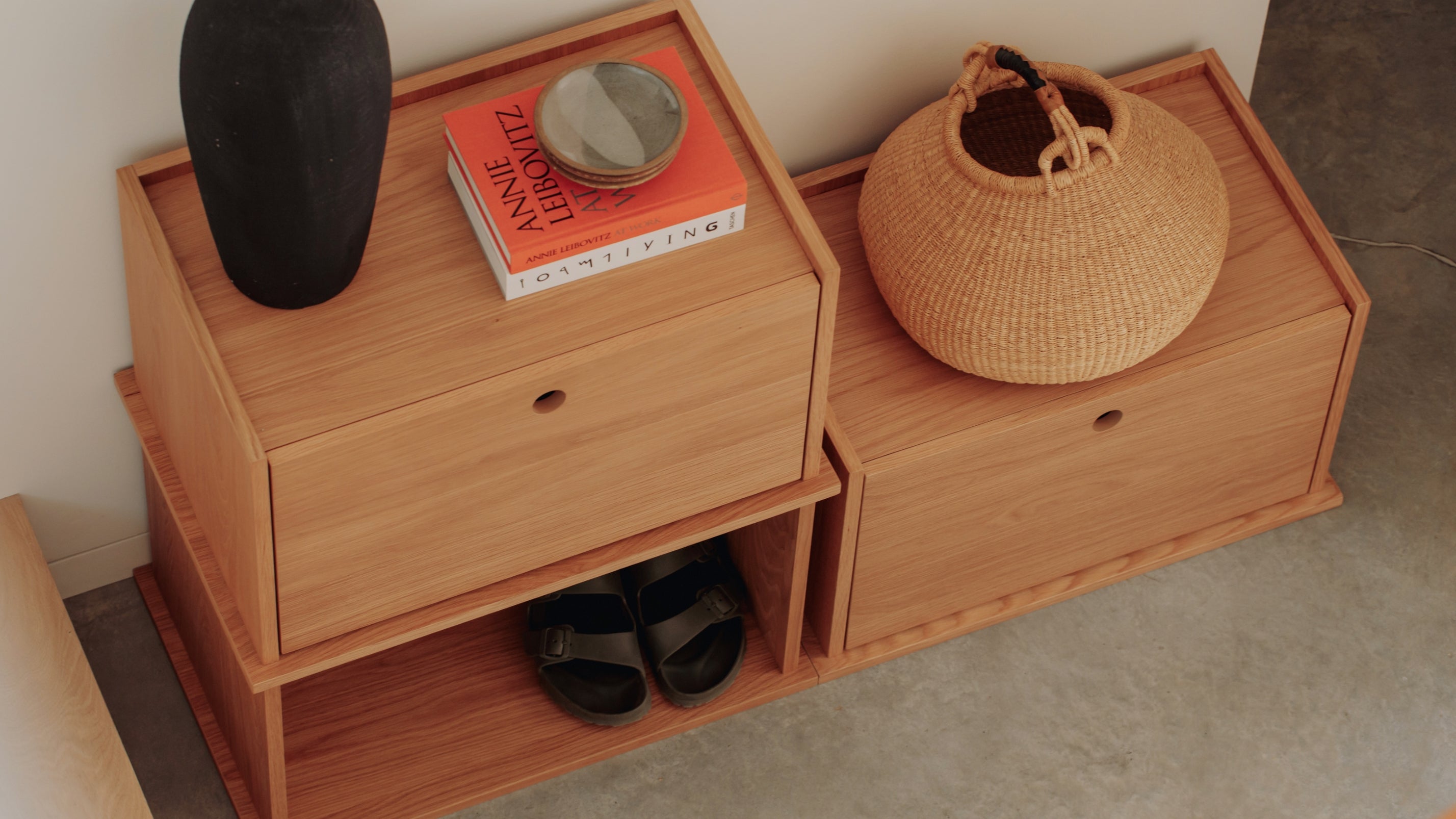 Système de rangement empilable Keep Stacking 4 pièces, ouvert et fermé, chêne blanc