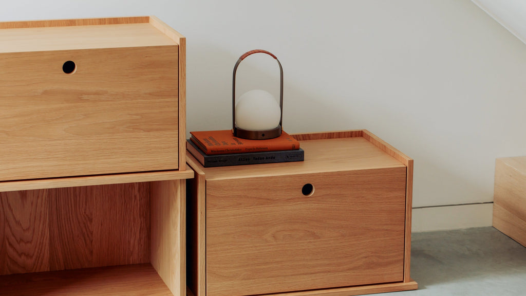 Système de rangement empilable Keep Stacking 4 pièces, ouvert et fermé, chêne blanc