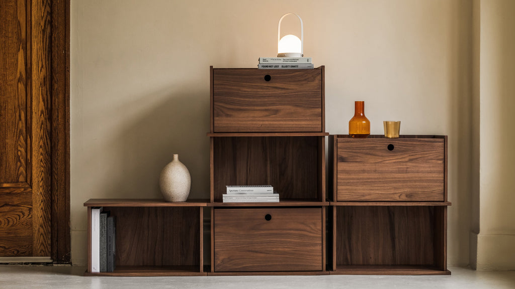 Système de rangement empilable Keep Stacking 6 pièces, ouvert et fermé, noyer