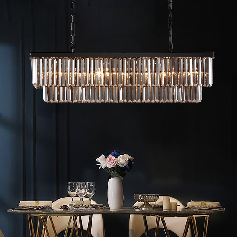 Lustre contemporain en cristal gris fumé et noir de 47 po, luminaire suspendu linéaire à deux niveaux pour îlot de cuisine et salle à manger